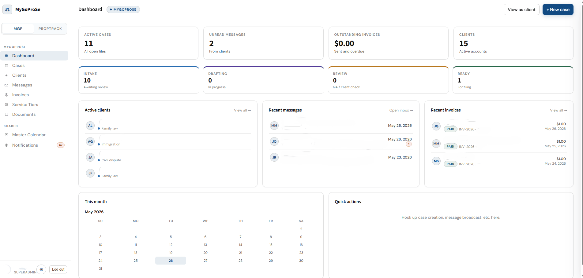 MyGoProSe lawyer admin portal dashboard