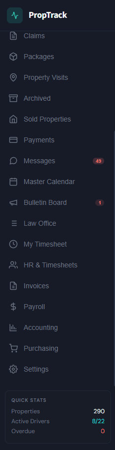 PropTrack module navigation sidebar